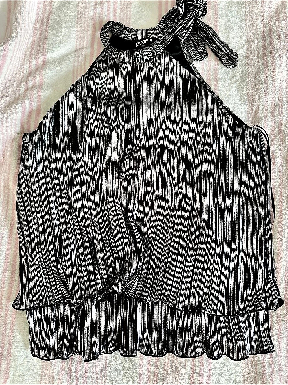 Express Metallic Pleated Tie Halter Top Black & Silver XS